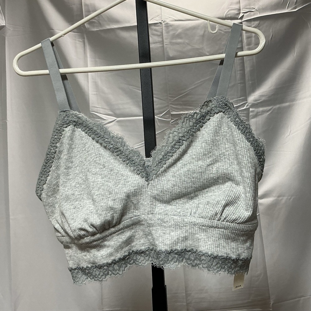 Aerie Ribbed Lace Trim Bralette Women's XL Gray Wireless Adjustable Straps NWT
